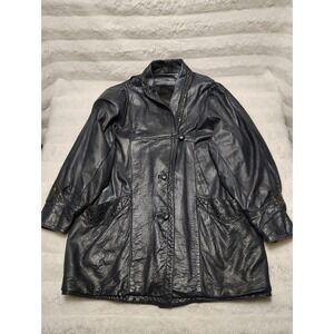 Vintage 80-90s Navy Genuine Leather Jacket Coat Women's Sz Medium Made In Canada